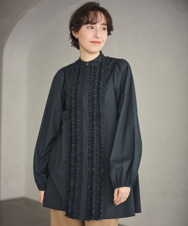 #Newans 【シワになりにくい/洗濯機可能】ロングフリルチュニック ネイビー