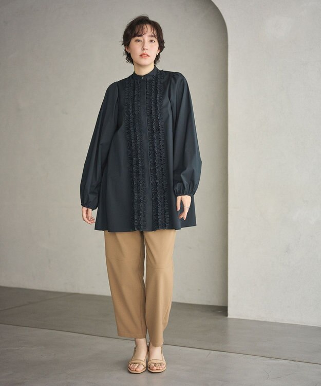 #Newans 【シワになりにくい/洗濯機可能】ロングフリルチュニック ネイビー