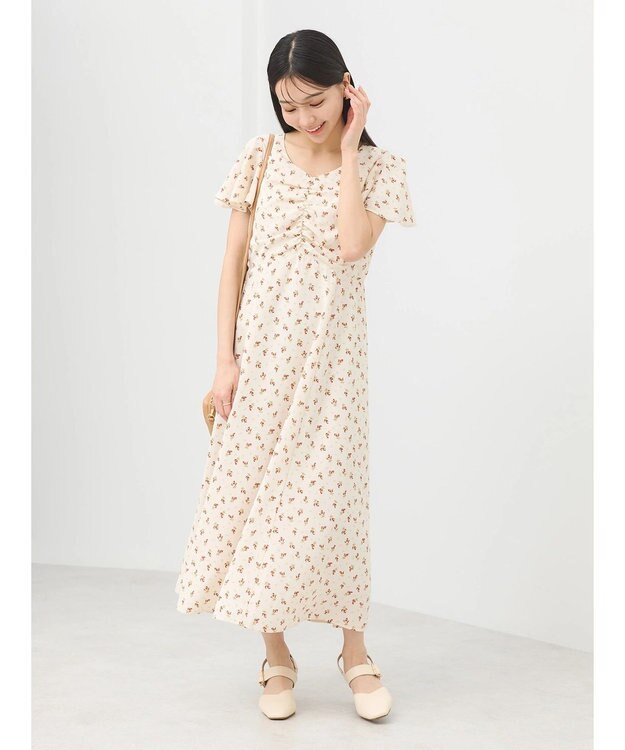 earth music&ecology フロントギャザーフラワーワンピース Beige