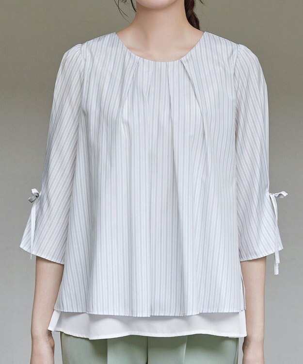 Tiaclasse L ストライプリボンレイヤードブラウス オフストライプ