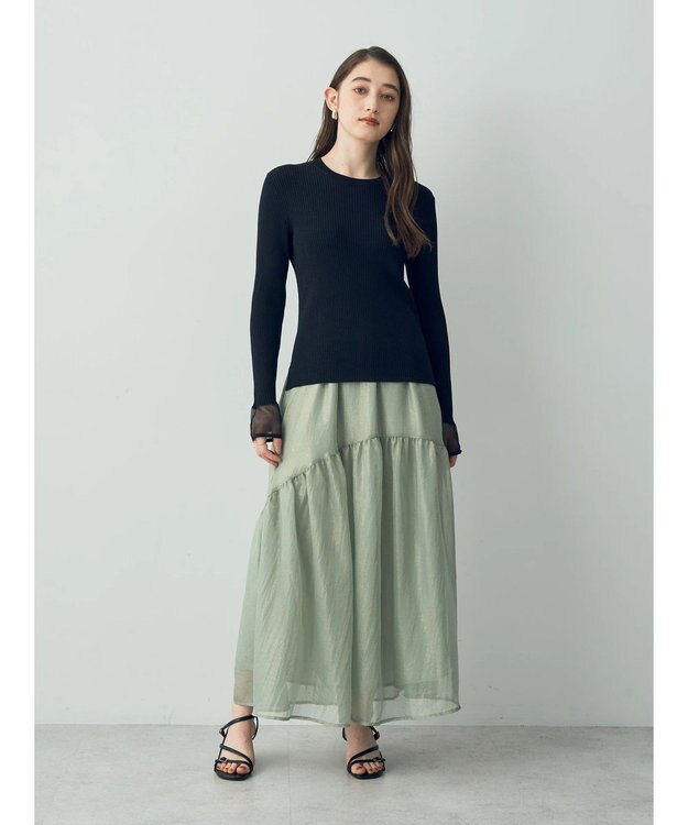 YECCA VECCA 箔プリントシアーギャザースカート Green