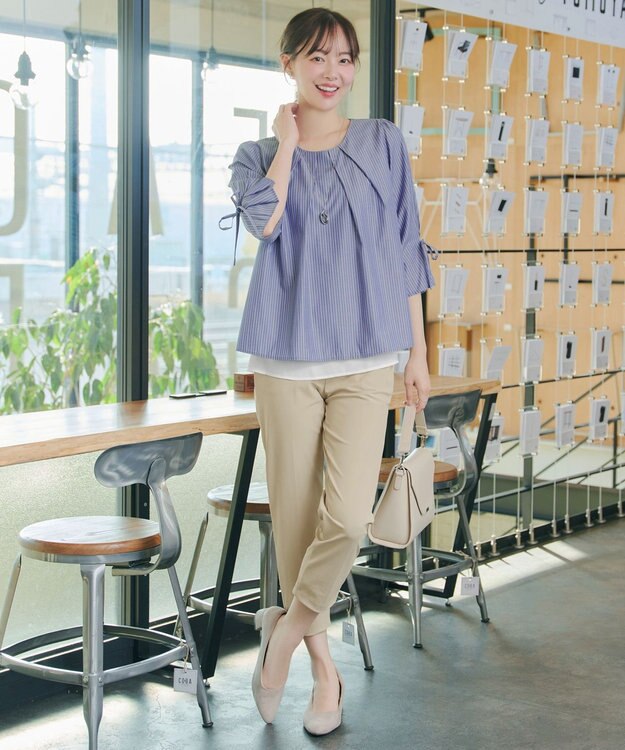 Tiaclasse L ストライプリボンレイヤードブラウス ネイビーストライプ