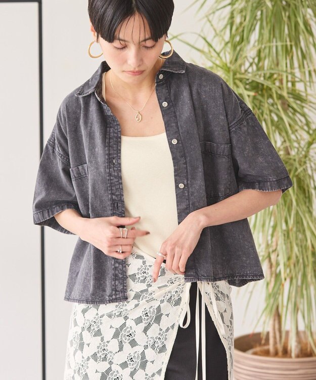 AMERICAN HOLIC Ｗポケットデニムショートシャツ Black