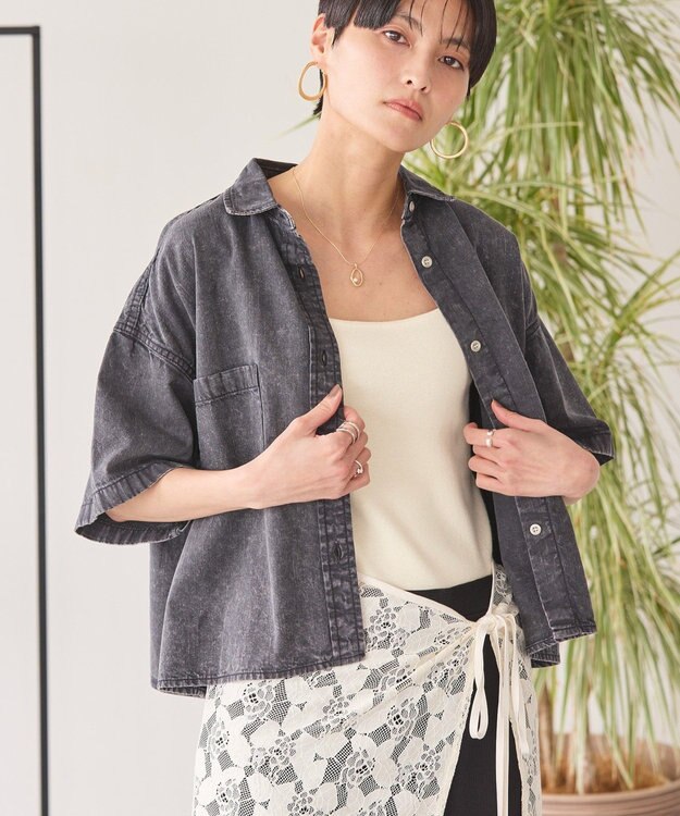 AMERICAN HOLIC Ｗポケットデニムショートシャツ Black