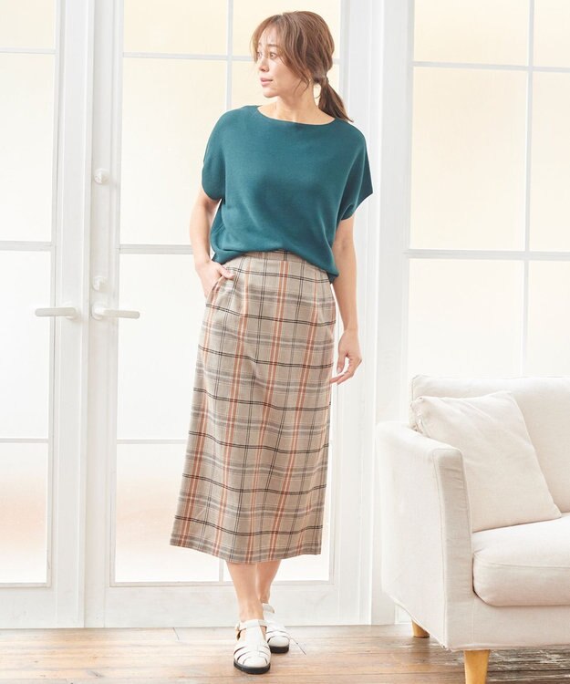 ANY 【ウエストゴム/ストレッチ】チェックタイトスカート オレンジ系