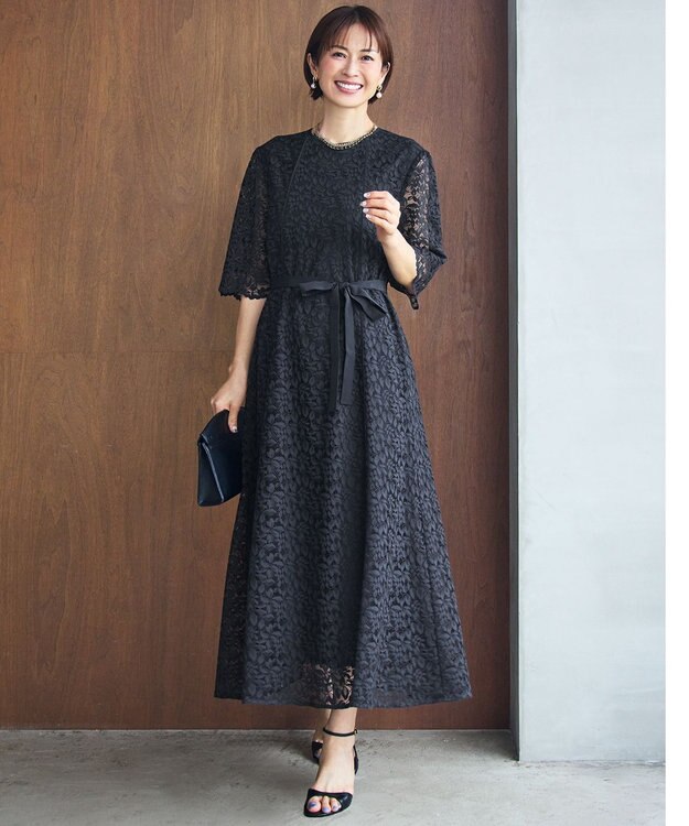 自由区 S 【オケージョン】フラワーリーフコードレース ワンピース ネイビー