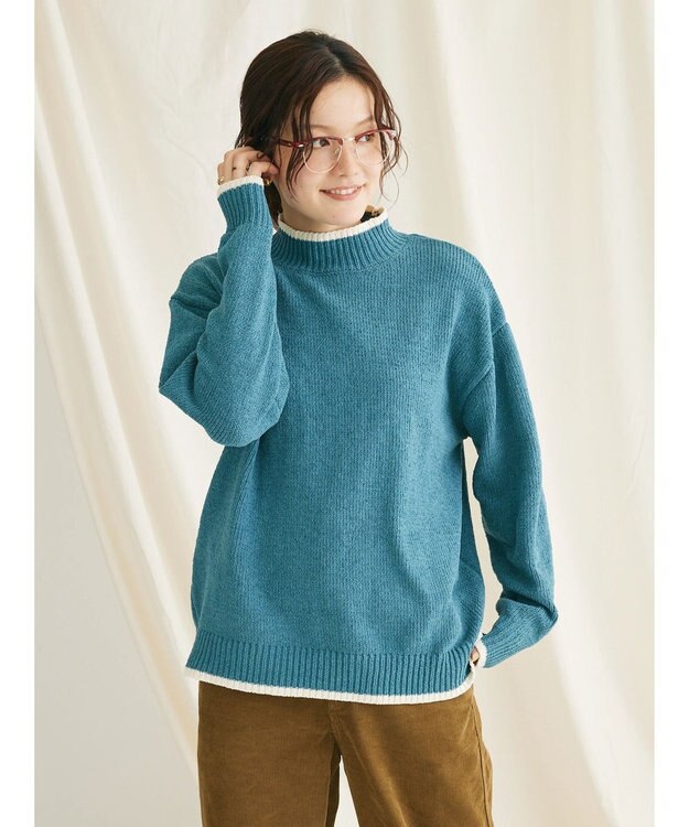 CRAFT STANDARD BOUTIQUE 洗えるモールニット配色プルオーバー Blue