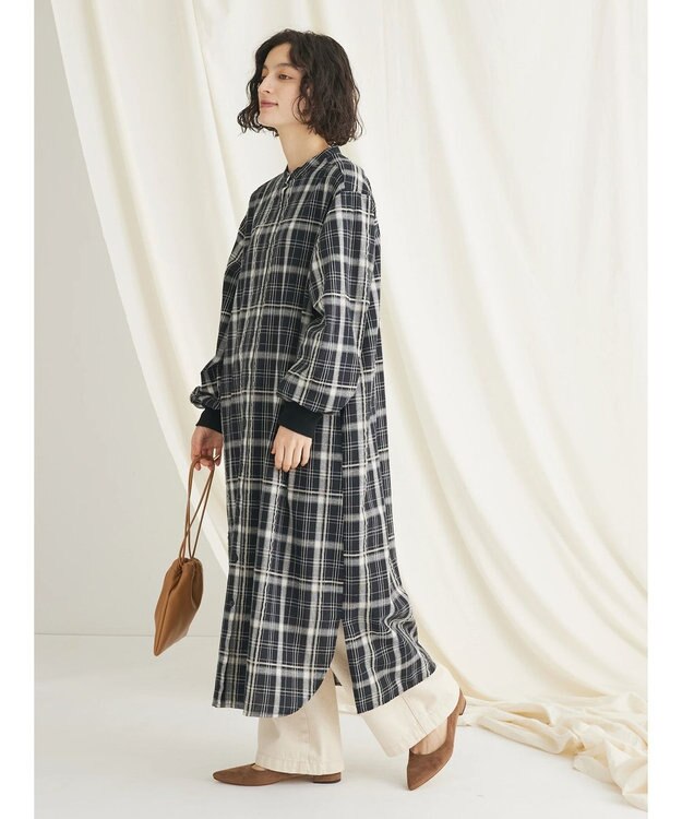 CRAFT STANDARD BOUTIQUE 先染めチェック（小）バンドカラー袖ＲＩＢ　ＯＰ Black