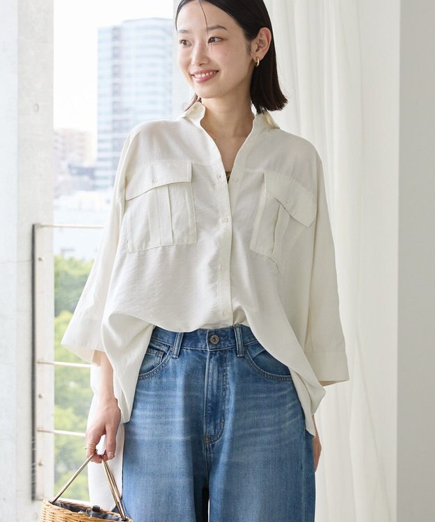 AMERICAN HOLIC 【WEB限定】接触冷感Wポケットシャツチュニック Ivory