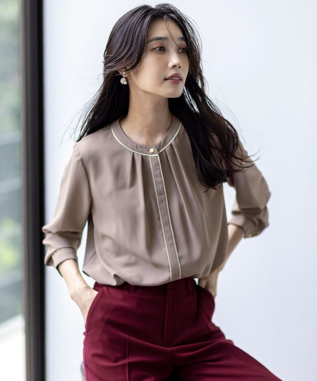 ANY SIS S 【洗える】フロントタックバイカラー ブラウス モカ