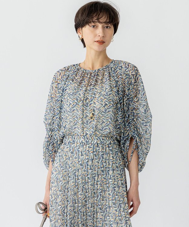 23区 【洗える】シアーヘリンボーンプリント ブラウス ブループリント