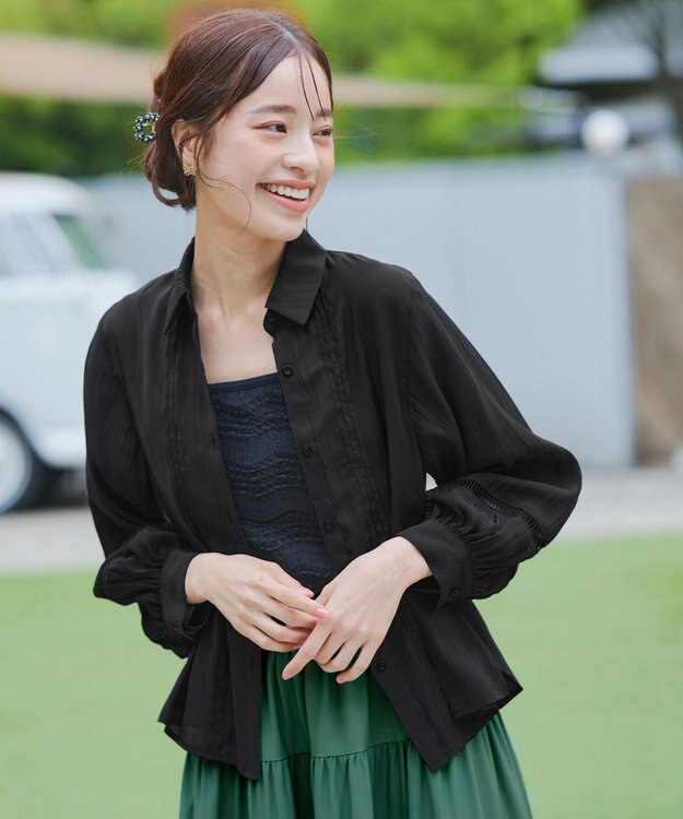 Tiaclasse 【洗える】はしごレースパフ袖シャツ ブラック