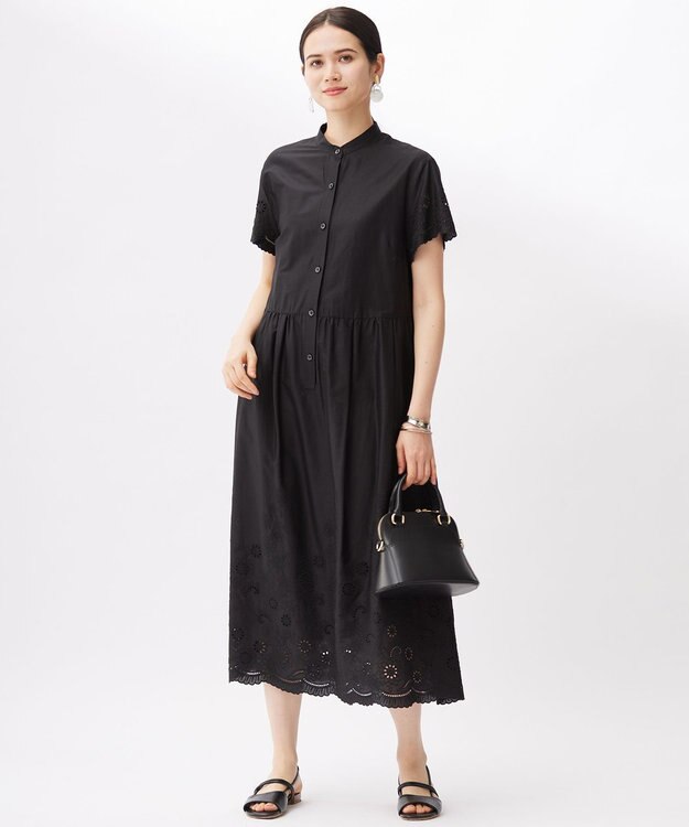自由区 エンブロイダリーローンシャツ ワンピース ブラック