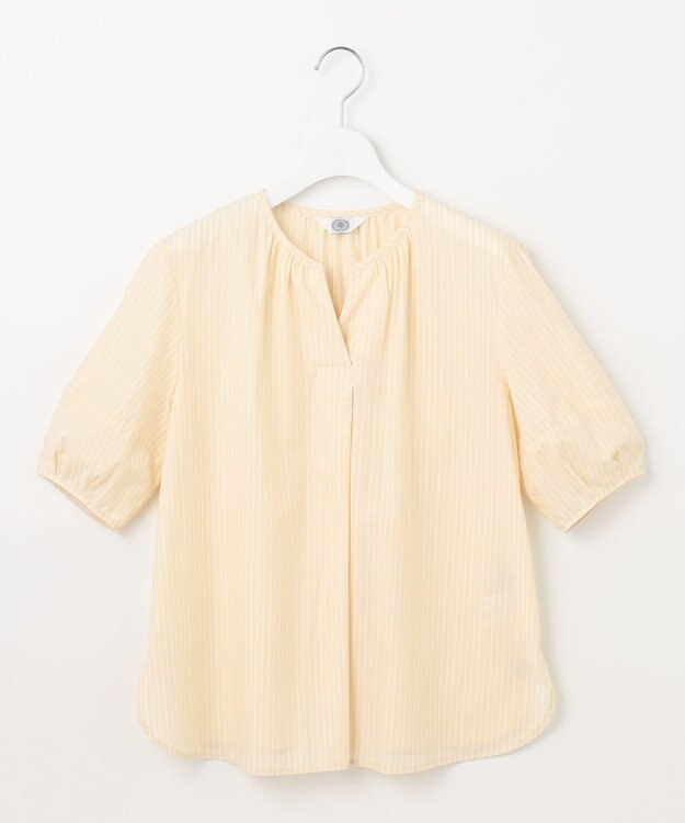 J.PRESS LADIES 【洗える】BEZ空羽ストライプ クルーネック V開き ブラウス イエロー系1