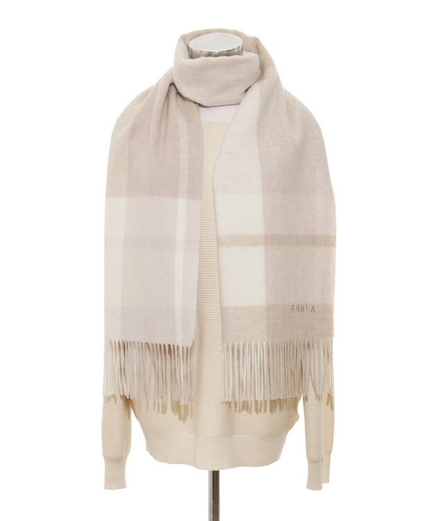 MOONBAT FURLA ウール混ラメ入りブロックチェックストールマフラー／幅50cm ベージュ