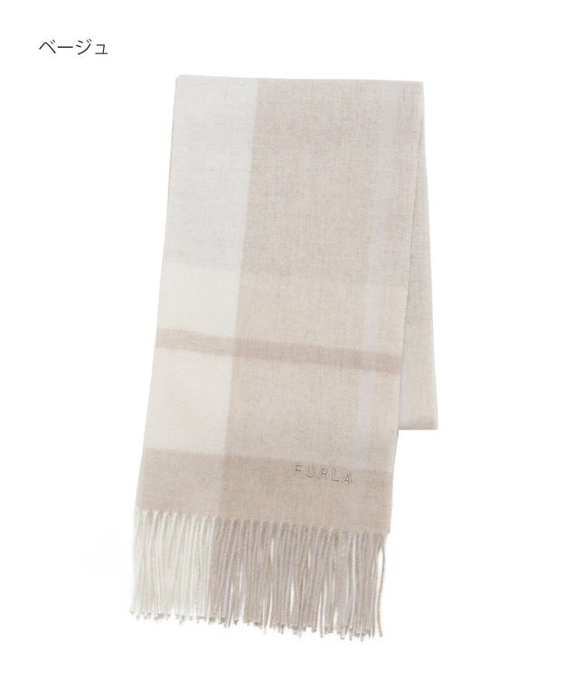 MOONBAT FURLA ウール混ラメ入りブロックチェックストールマフラー／幅50cm ベージュ
