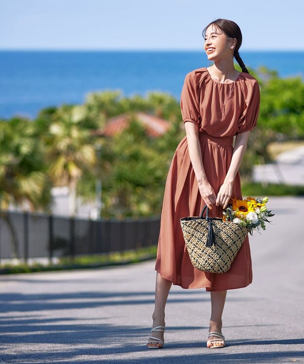 Tiaclasse 【洗える】麻調ギャザーワンピース ブルー