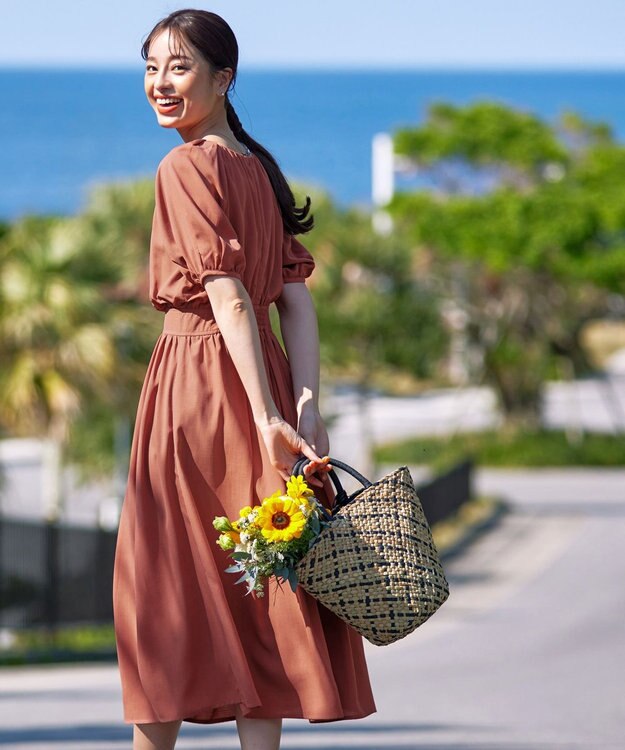 Tiaclasse 【洗える】麻調ギャザーワンピース オレンジ