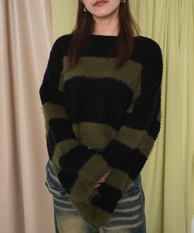 WEGO マテリアルシャギークロップドニット カーキ