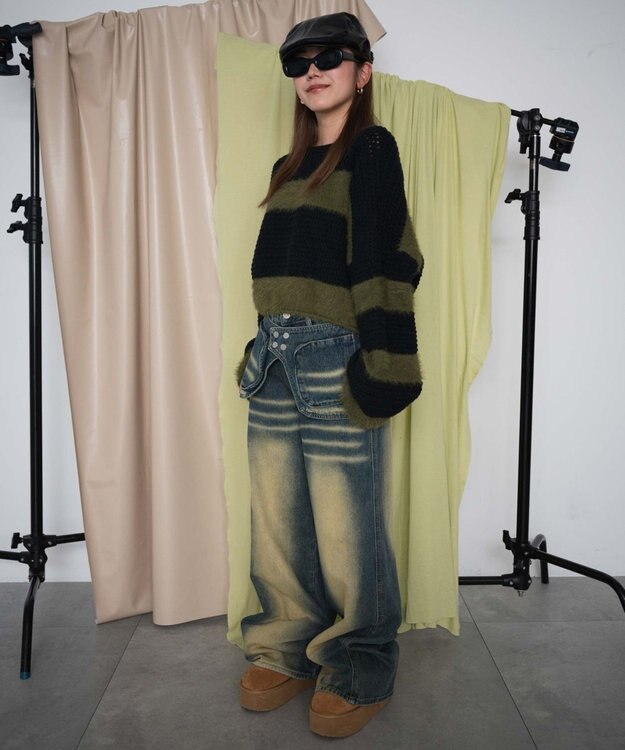 WEGO マテリアルシャギークロップドニット カーキ