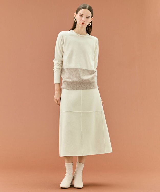 BEIGE， 【WEB限定・洗える】DEMING / バイカラーウールクルーネックニット Off × Taupe