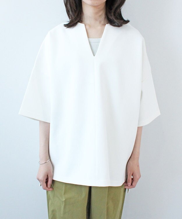 WHITE MAILS PAPER DOUBLE JERSEY KEY NECK T-シャツ オフホワイト