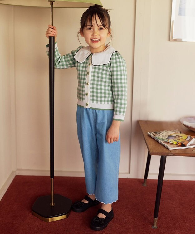 ANY KIDS ギンガム総柄ニット カーディガン グリーンギンガム