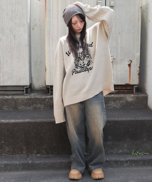 WEGO 【ユニセックス着用ITEM/SMLサイズ展開】ジャガードグラフィックプルオーバー オフホワイト