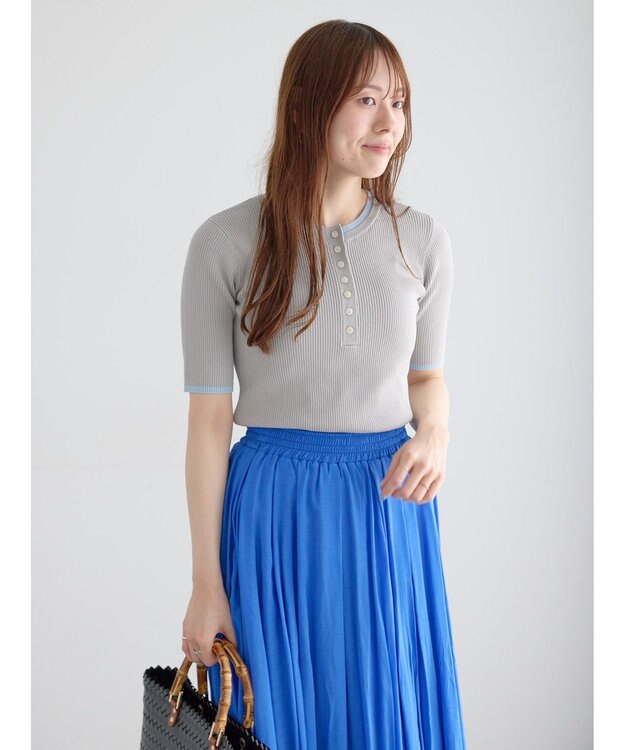 Te chichi 【UVカット】ヘンリーネック5分袖配色リブニット グレー