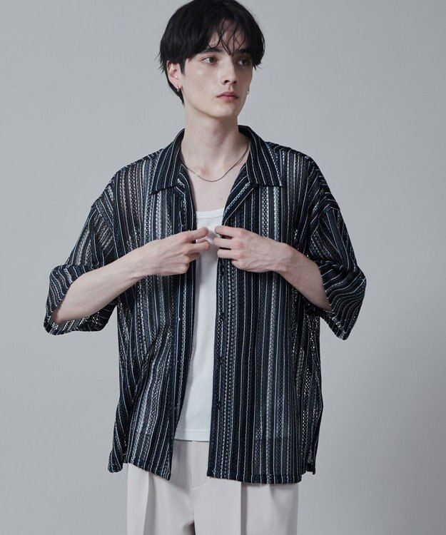 WEGO ストライプメッシュBIGシャツ（S） 柄2