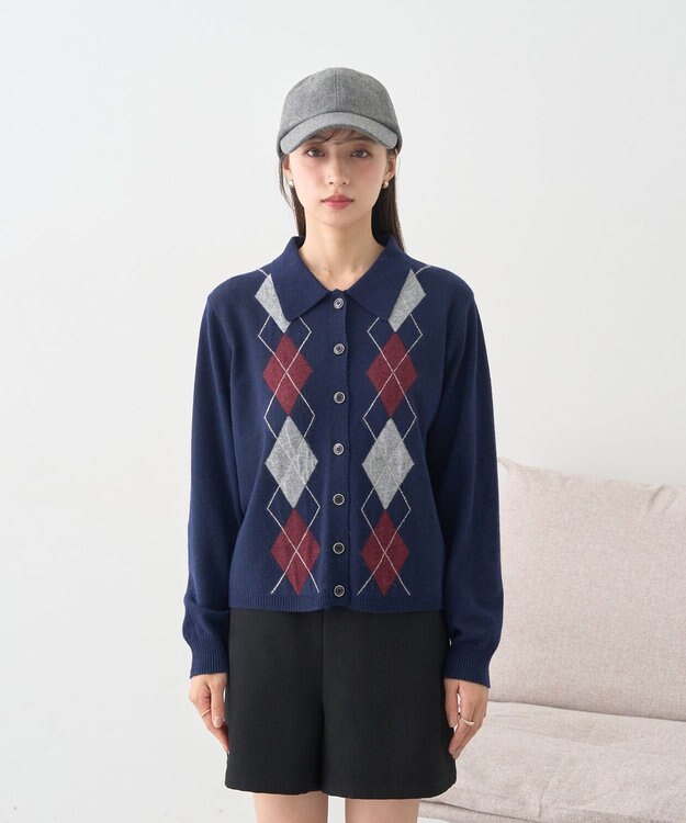 earth music&ecology 【予約】襟付きアーガイルニットカーディガン ネイビー