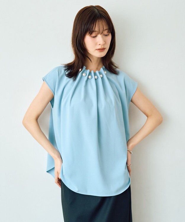 YECCA VECCA パールタックフレンチスリーブブラウス Light Blue