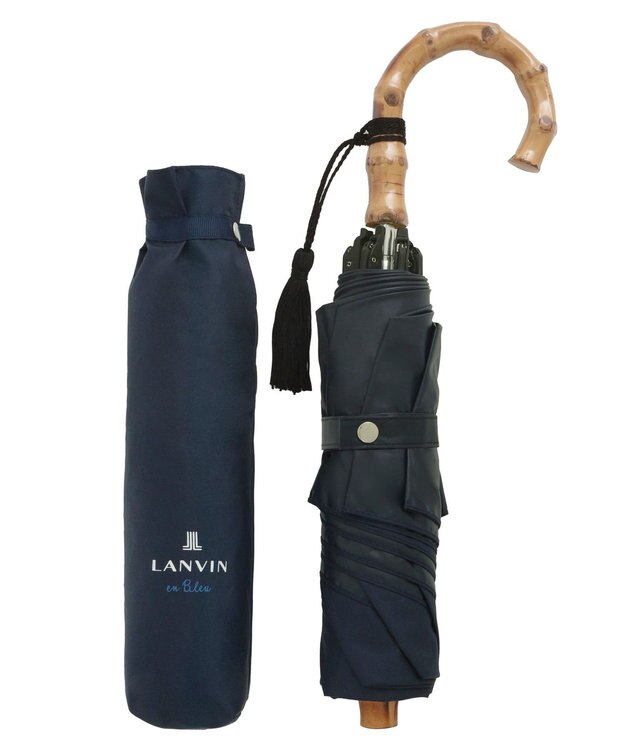 MOONBAT 【WEB限定】LANVIN en Bleu 晴雨兼用 折りたたみ傘 ワイド プレーン×ロゴ刺繍 一級遮光 遮熱 UV ネイビーブルー