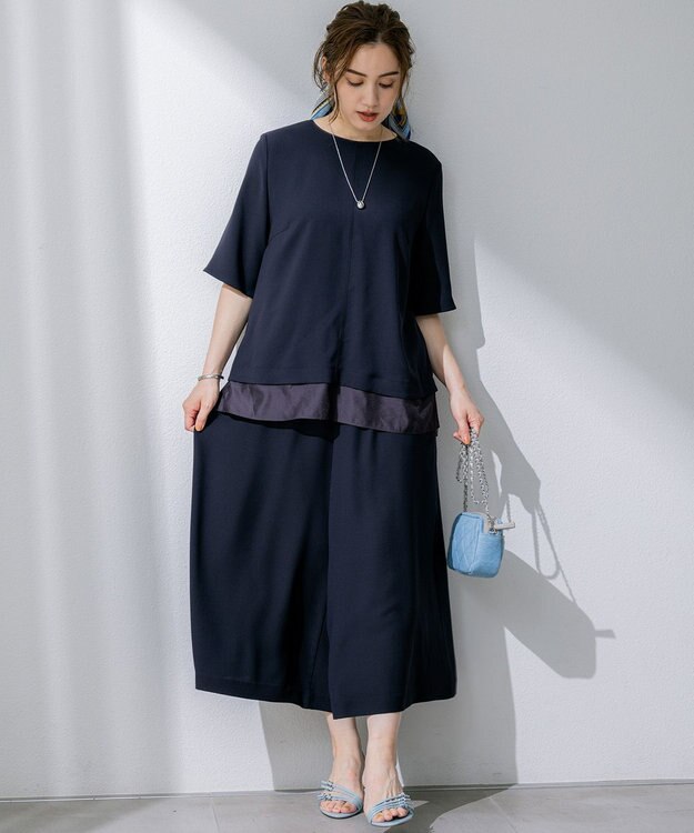 23区 L 【Lサイズ限定/吸水速乾/UVカット/接触冷感/】ストレッチジョーゼット ガウチョパンツ ネイビー系