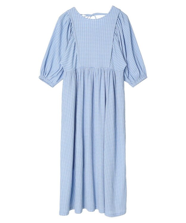 earth music&ecology ボリュームスリーブＣｈｅｃｋワンピース Light Blue