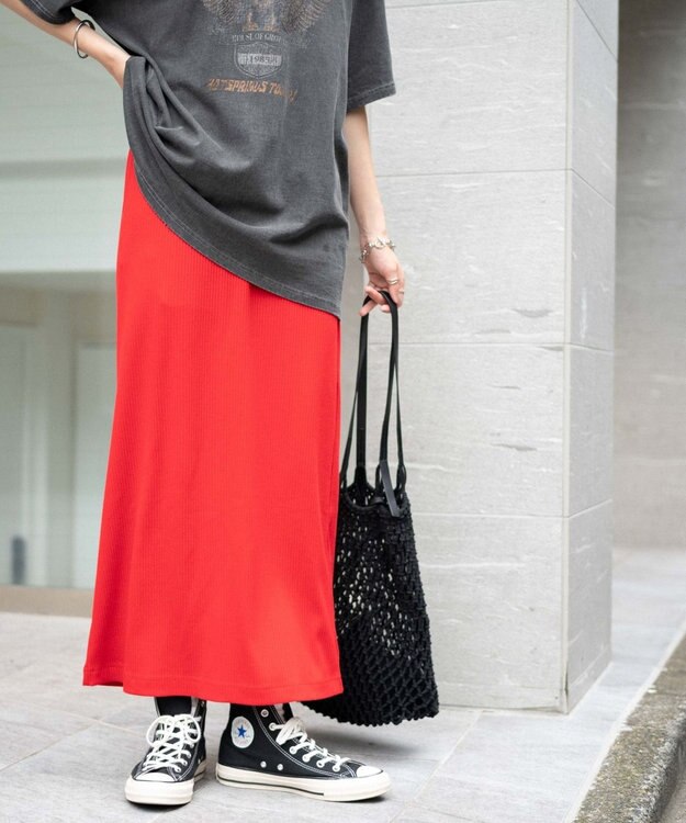 WEGO カラーリブイージーロングスカート レッド