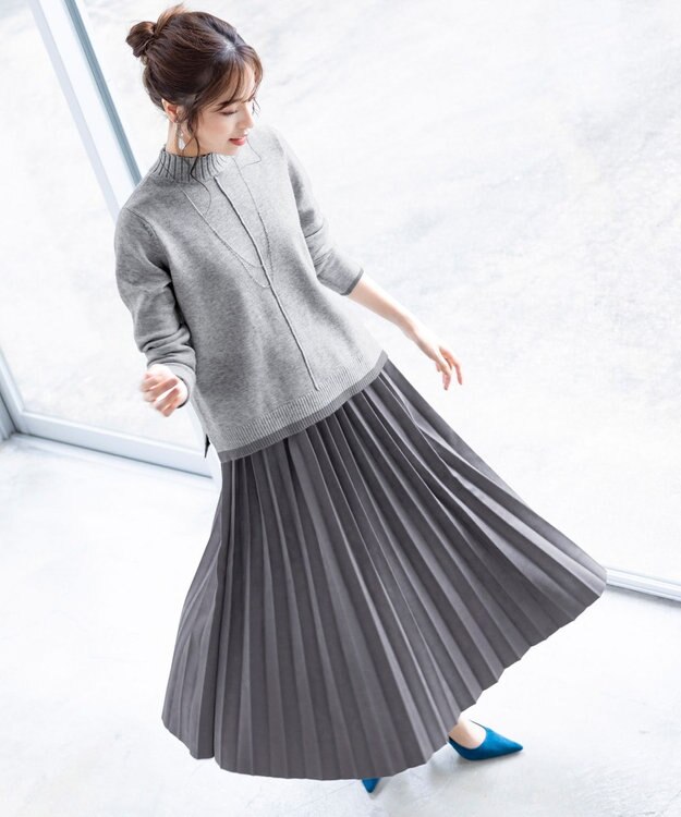 Tiaclasse L 【洗える】もっちり素材が肌触り抜群の配色ニットトップス グレー