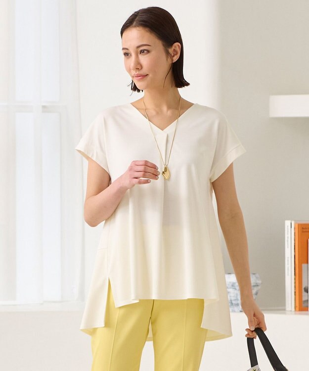 自由区 【XSサイズ~/洗える】ドレーピーポンチフレンチスリーブ カットソー アイボリー系