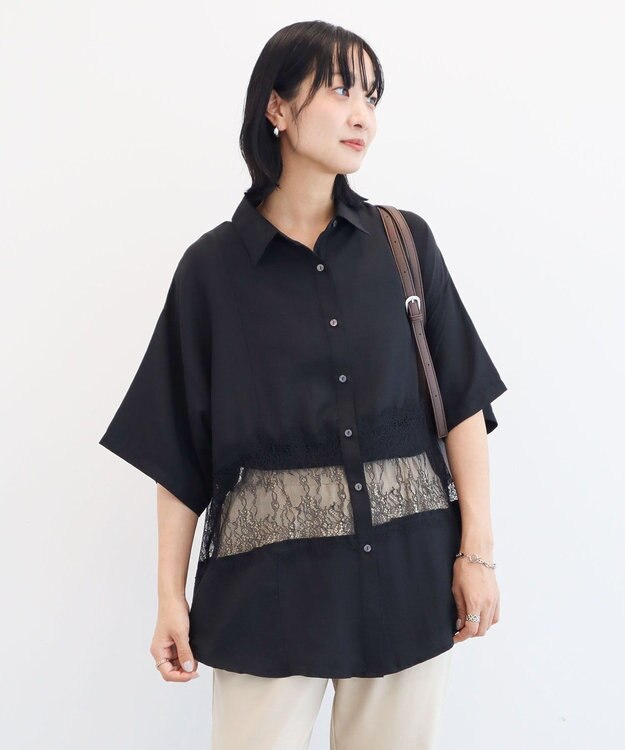 Green Parks レース切替５分袖シャツ Black