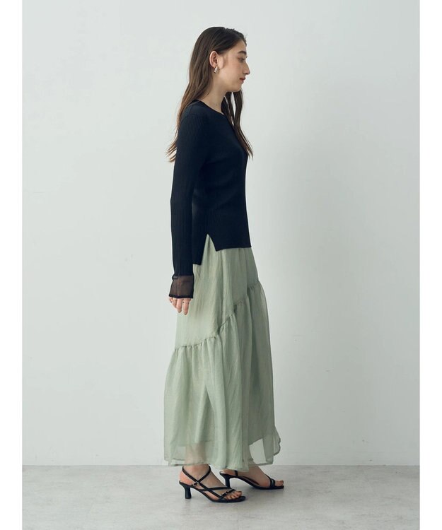 YECCA VECCA 箔プリントシアーギャザースカート Green