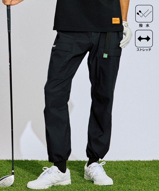 PW CIRCULUS 【撥水加工/ ストレッチ】【MEN】ベルト付 ワイドカーゴパンツ ゴルフ ブラック系