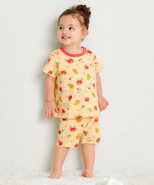MIKI HOUSE HOT BISCUITS 【80-120cm】 フルーツ柄 腹巻き付き 天竺素材 半袖パジャマ 黄