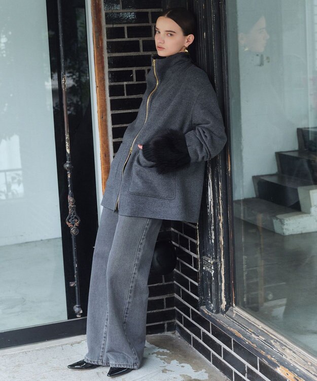 BEIGE， ZION / ウールスタンドカラーショートコート Charcoal