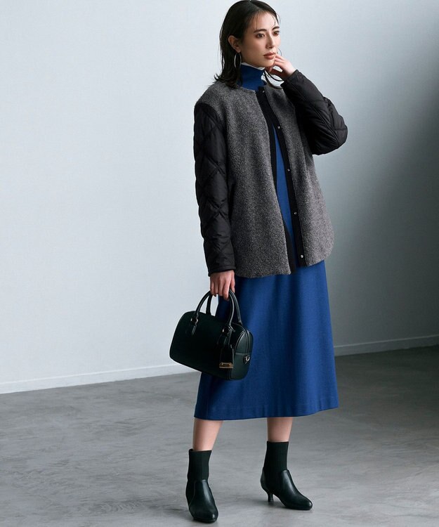 ICB 【リバーシブル着用可能】 ラミネートパイルキルト ミドル丈コート チャコール系