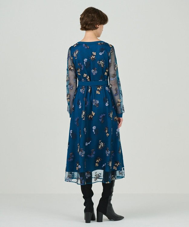 GRACE CONTINENTAL チュールフラワー刺繍ワンピース ブルー