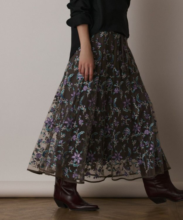GRACE CONTINENTAL サラサ刺繍チュールスカート カーキ