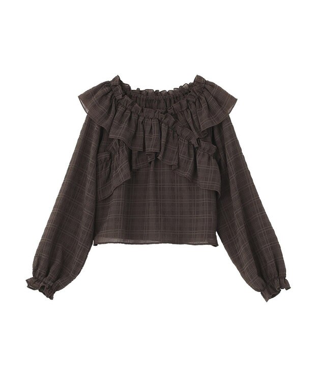 earth music&ecology シアーチェック2wayオフショルブラウス Brown