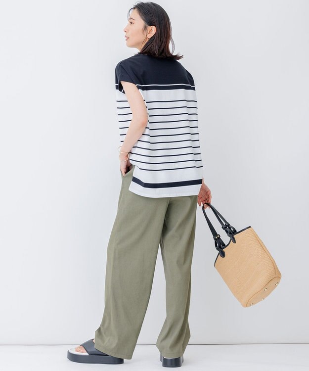 23区 S 【洗える】ランダムボーダー フレンチスリーブ カットソー ホワイト×ブラック