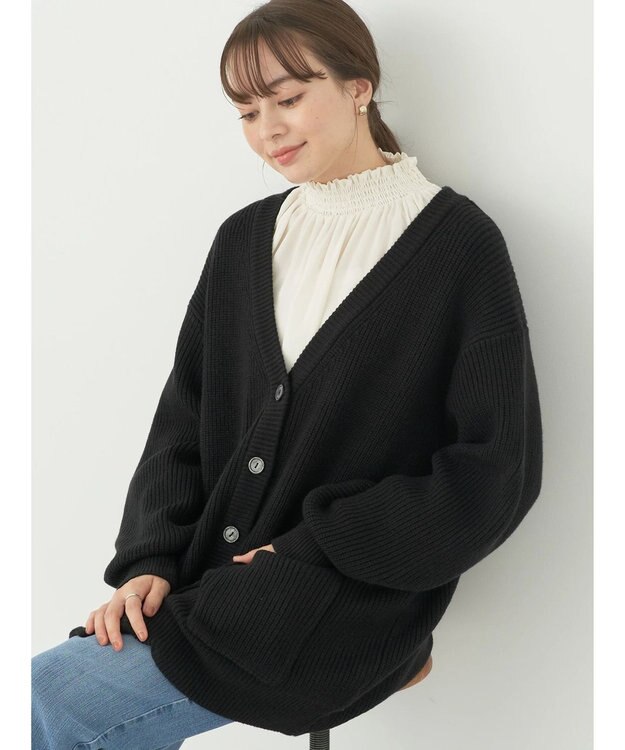 earth music&ecology アンチピリング畦Ｖネックカーディガン Black