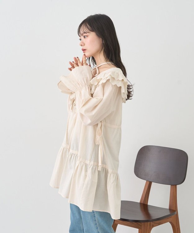 earth music&ecology 【綿100％】サイドリボンラッフルミニワンピース Ecru